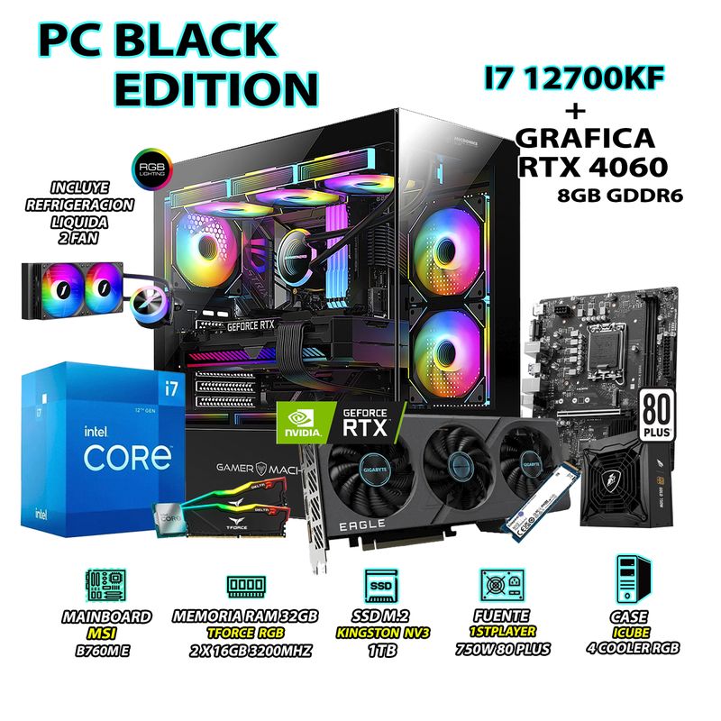 INTEL - Computadora PC Gamer Core i7 12700KF RAM 32GB SSD 1TB GRAFICA RTX 4060 8GB