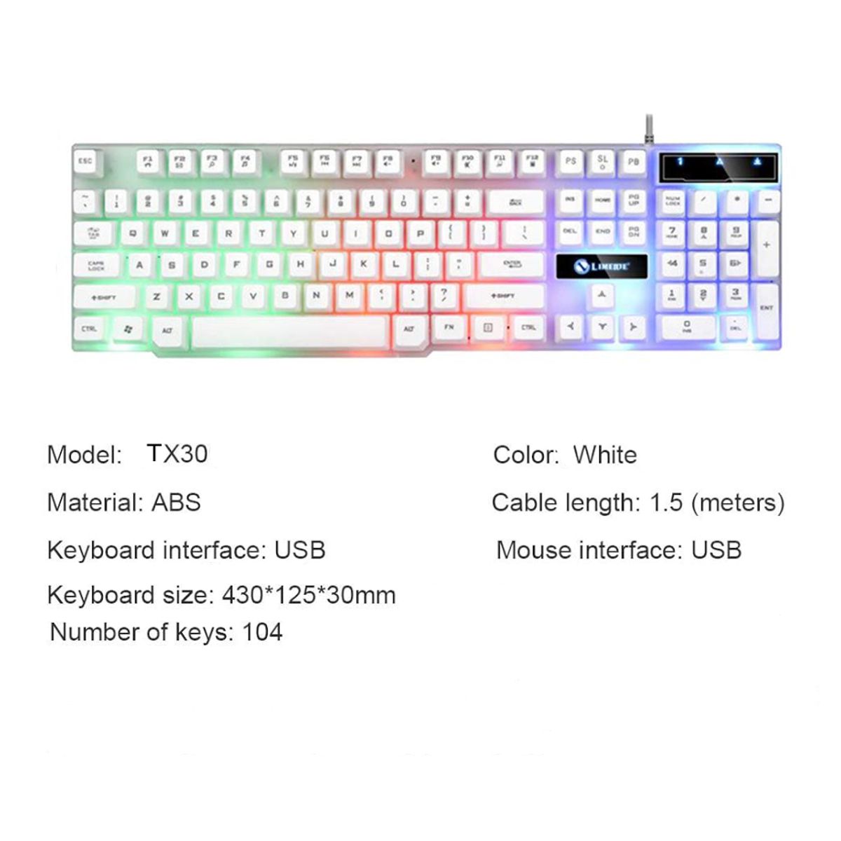 GENERICO - Teclado Gamer para Pc Laptop Alambrico Luz RGB Blanco TX30