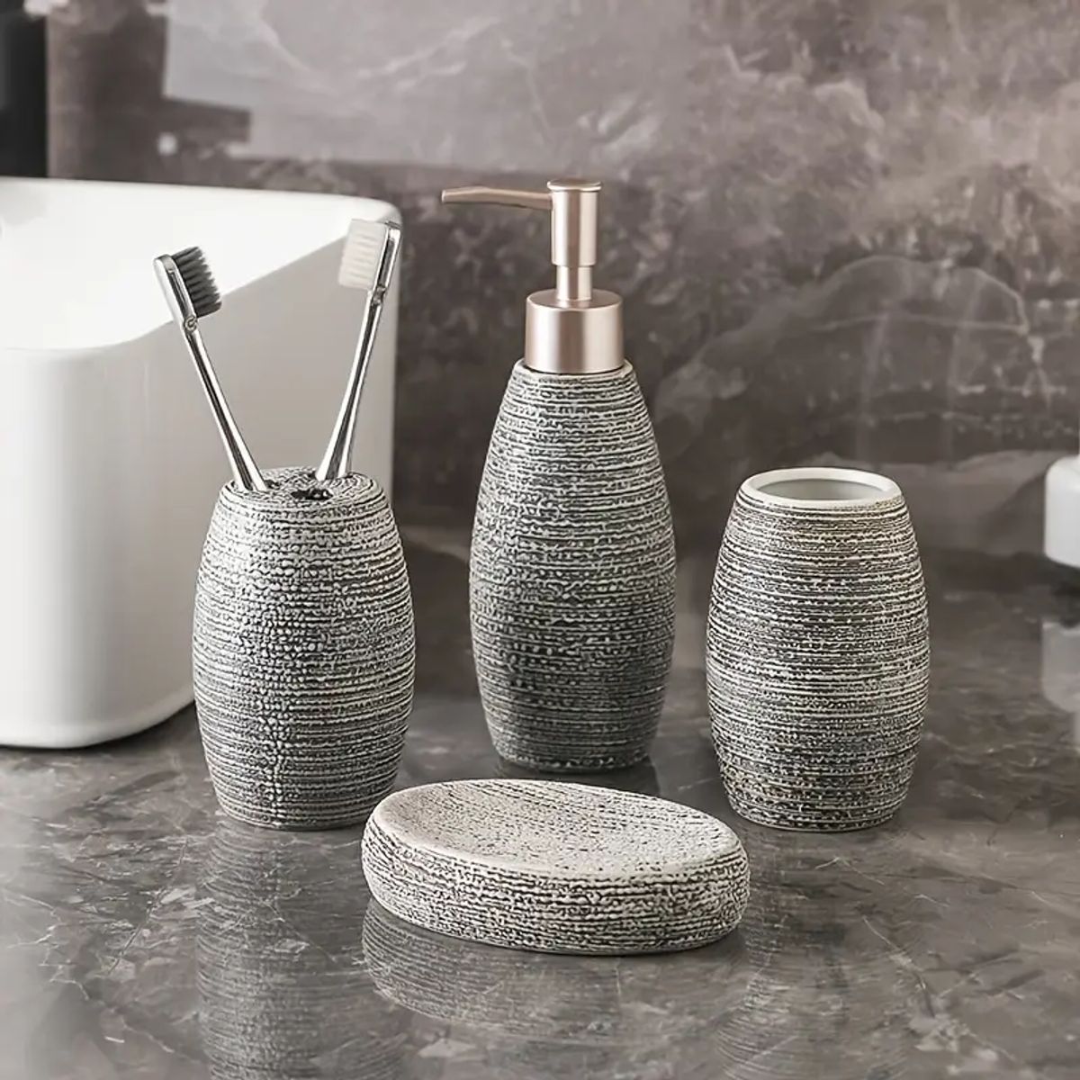 GENERICO - Set de baño Dispensador Portacepillo Vaso Jabonera Ceramica 4 piezas