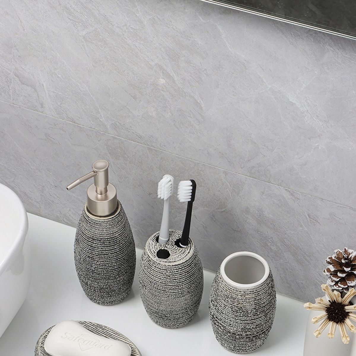 GENERICO - Set de baño Dispensador Portacepillo Vaso Jabonera Ceramica 4 piezas