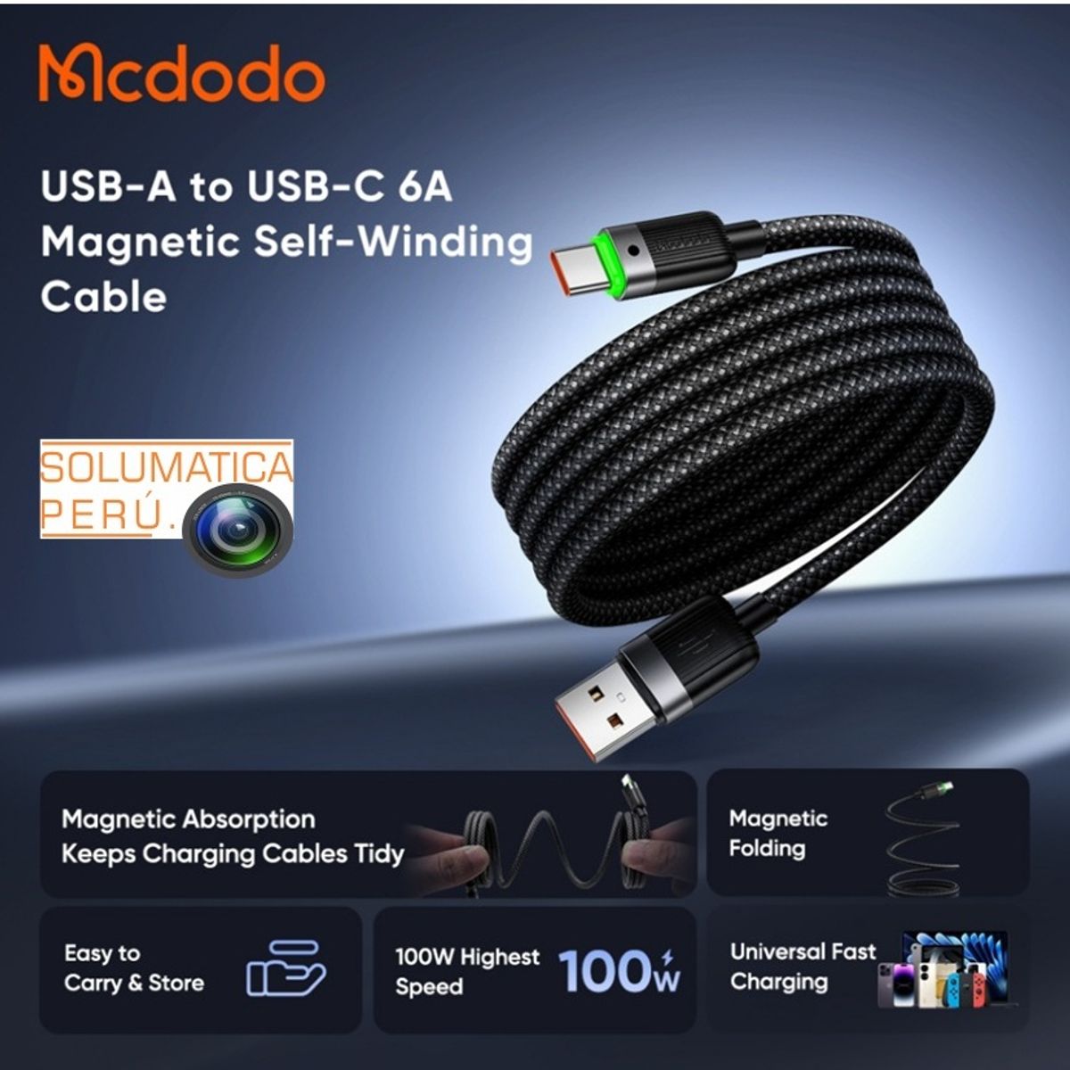 MCDODO - Cable USB Tipo C 100W 6A - Magnetizado Antienredos - Mcdodo