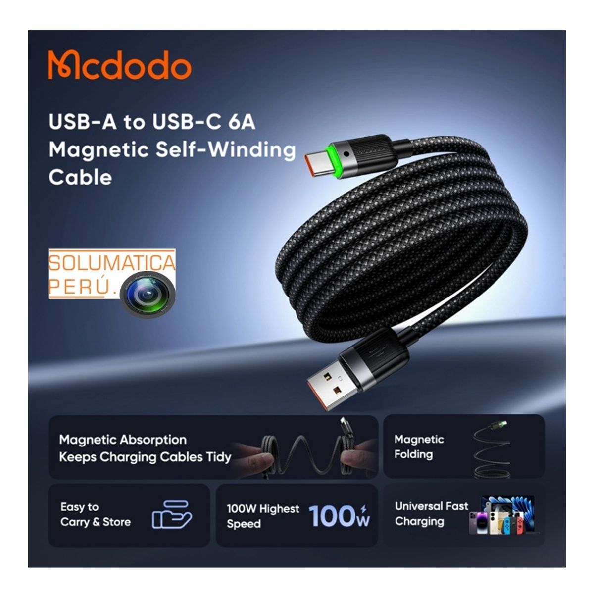 MCDODO - Cable USB Tipo C 100W 6A - Magnetizado Antienredos - Mcdodo