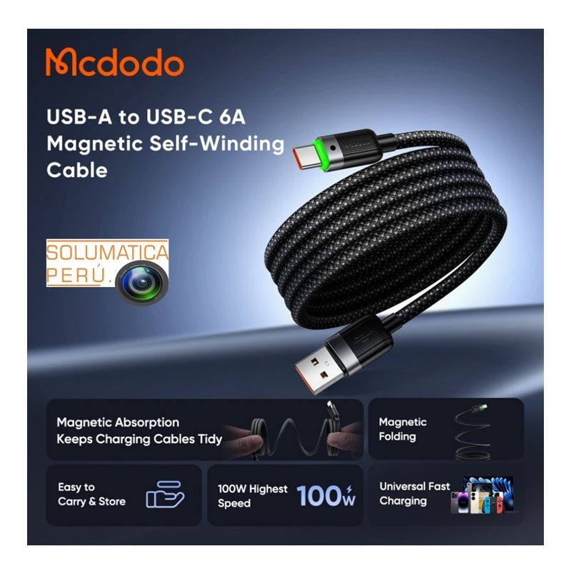 MCDODO - Cable USB Tipo C 100W 6A - Magnetizado Antienredos - Mcdodo