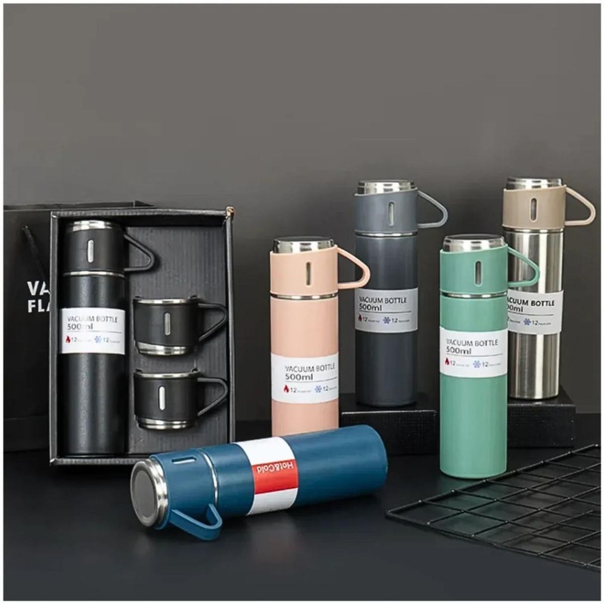 GENERICO - Termo de Acero Inoxidable de 500 ml + 3 Tazas - Verde claro