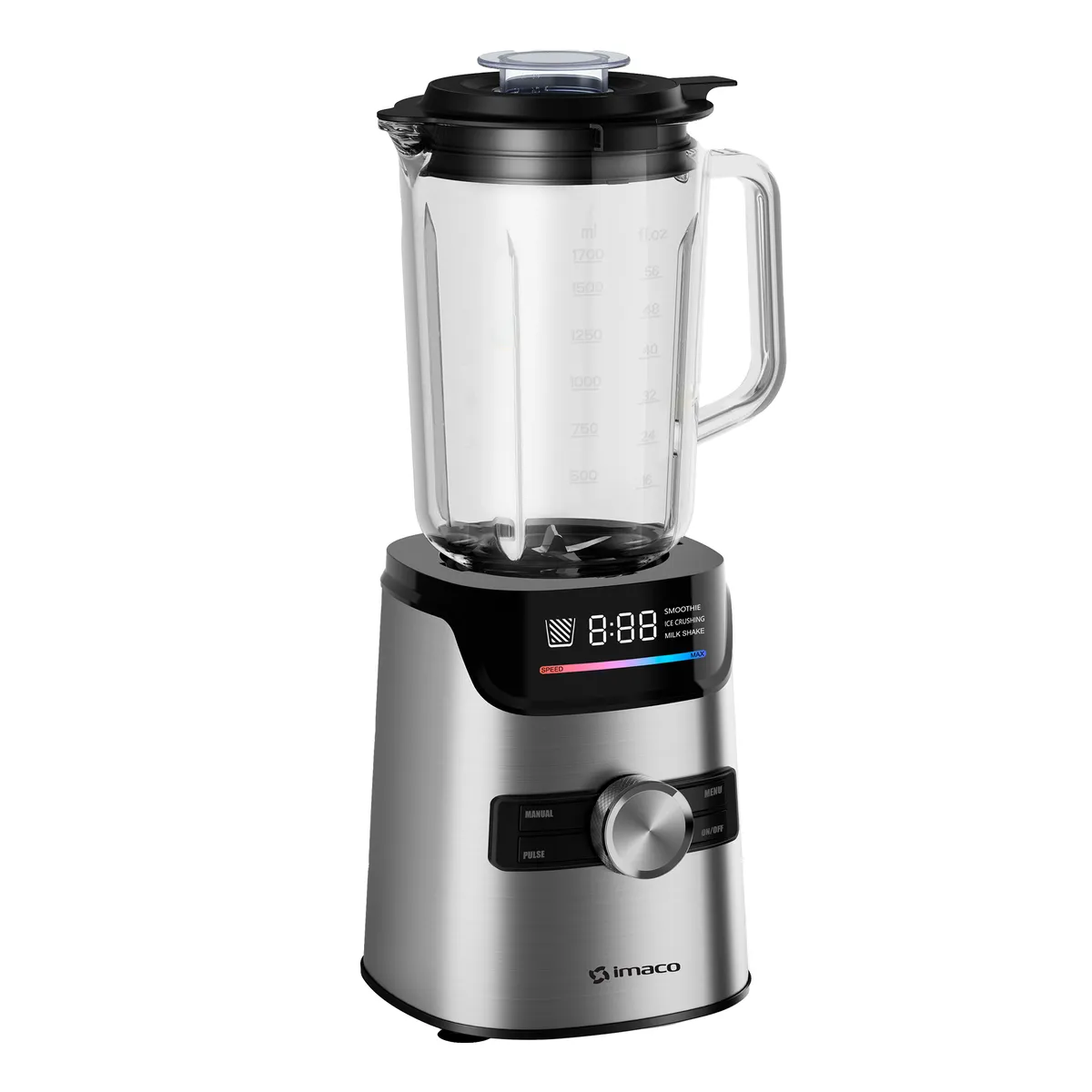 IMACO - Licuadora vaso de vidrio 1.7L Panel LED Acero Inoxidable BLS1418 Imaco