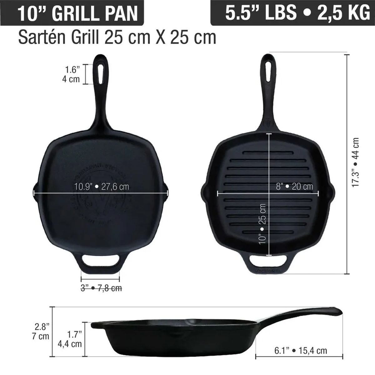 VICTORIA - Sartén Grill Rectangular de Hierro Fundido Esmaltado 25 cm - 55145003