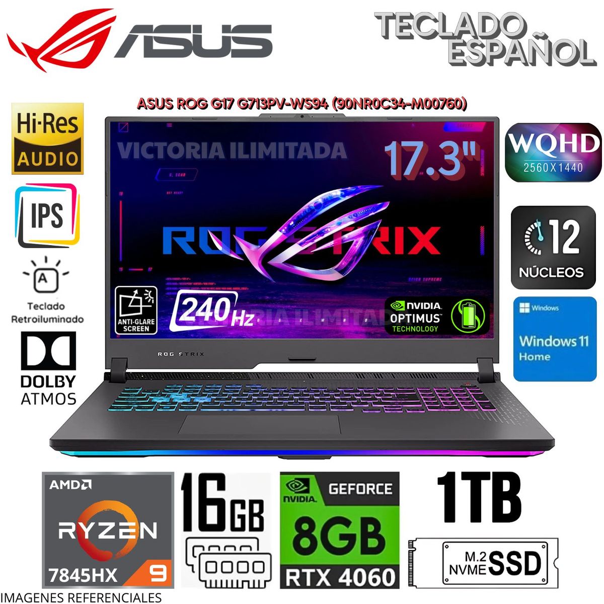 ASUS - Laptop Asus Rog Strix G713PV-WS94 AMD Ryzen9-7845HX 16GB RAM 1TB SSD 17.3"   WQHD RTX4060-8GB WIN11