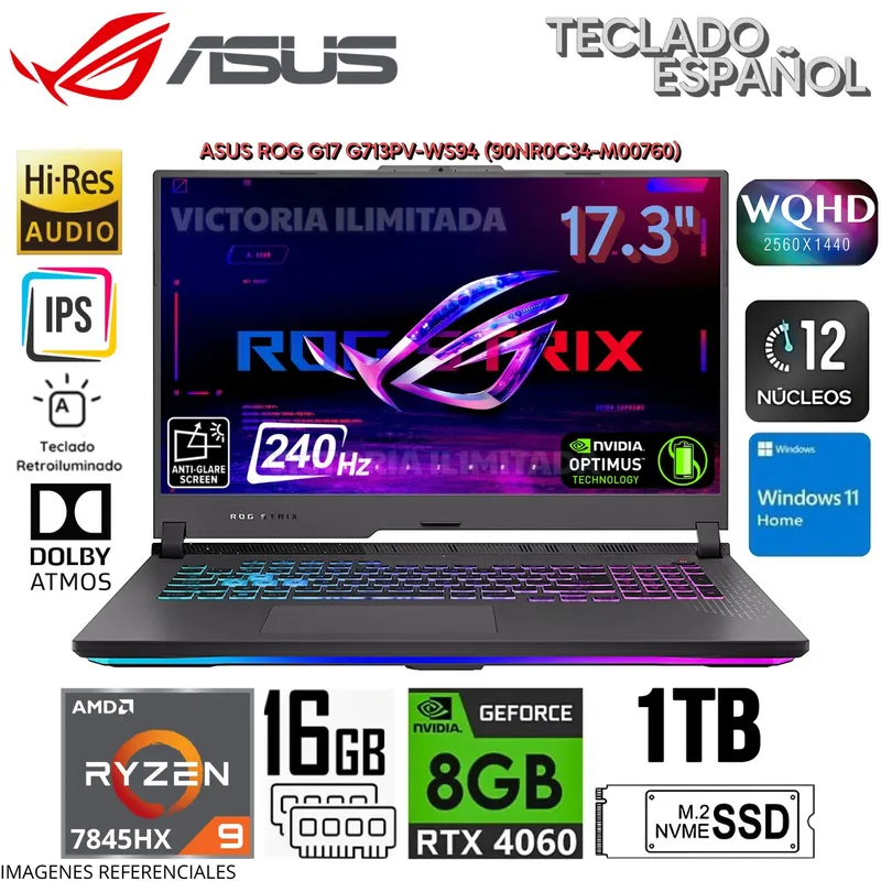ASUS - Laptop Asus Rog Strix G713PV-WS94 AMD Ryzen9-7845HX 16GB RAM 1TB SSD 17.3"   WQHD RTX4060-8GB WIN11