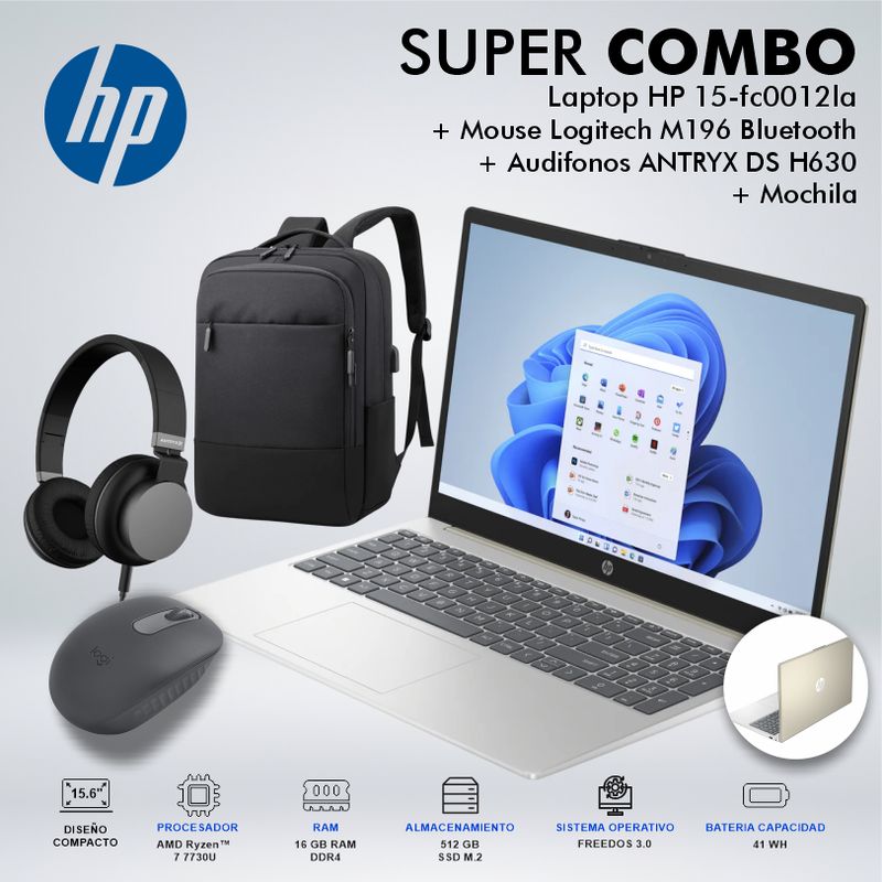 HP - LAPTOP HP 15-FC0012LA AMD RYZEN 7 7730U MEMORIA 16GB DDR4 DISCO 512GB