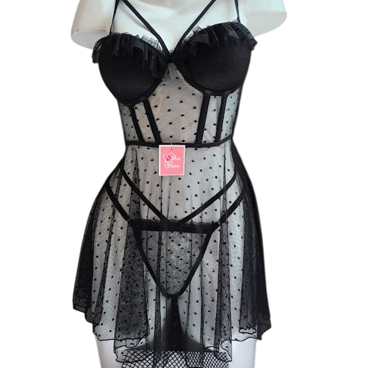 GENERICO - BABYDOLL DE ENCAJE LENCERÍA SEXY CON MEDIAS