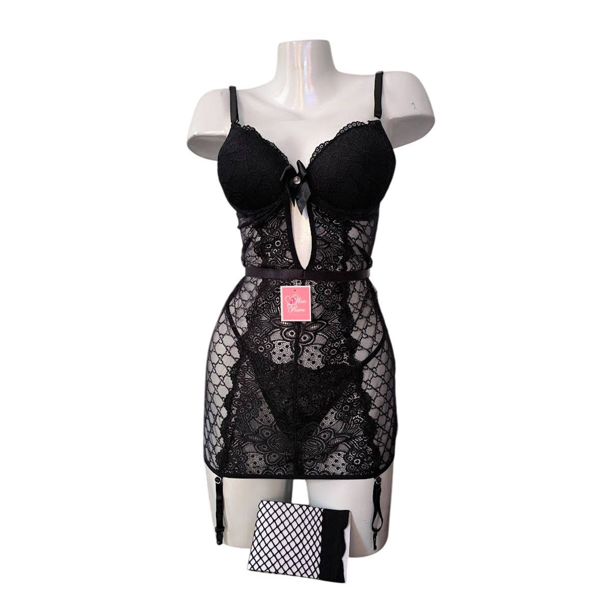 GENERICO - BABYDOLL DE ENCAJE LENCERÍA SEXY PORTALIGAS CON MEDIAS