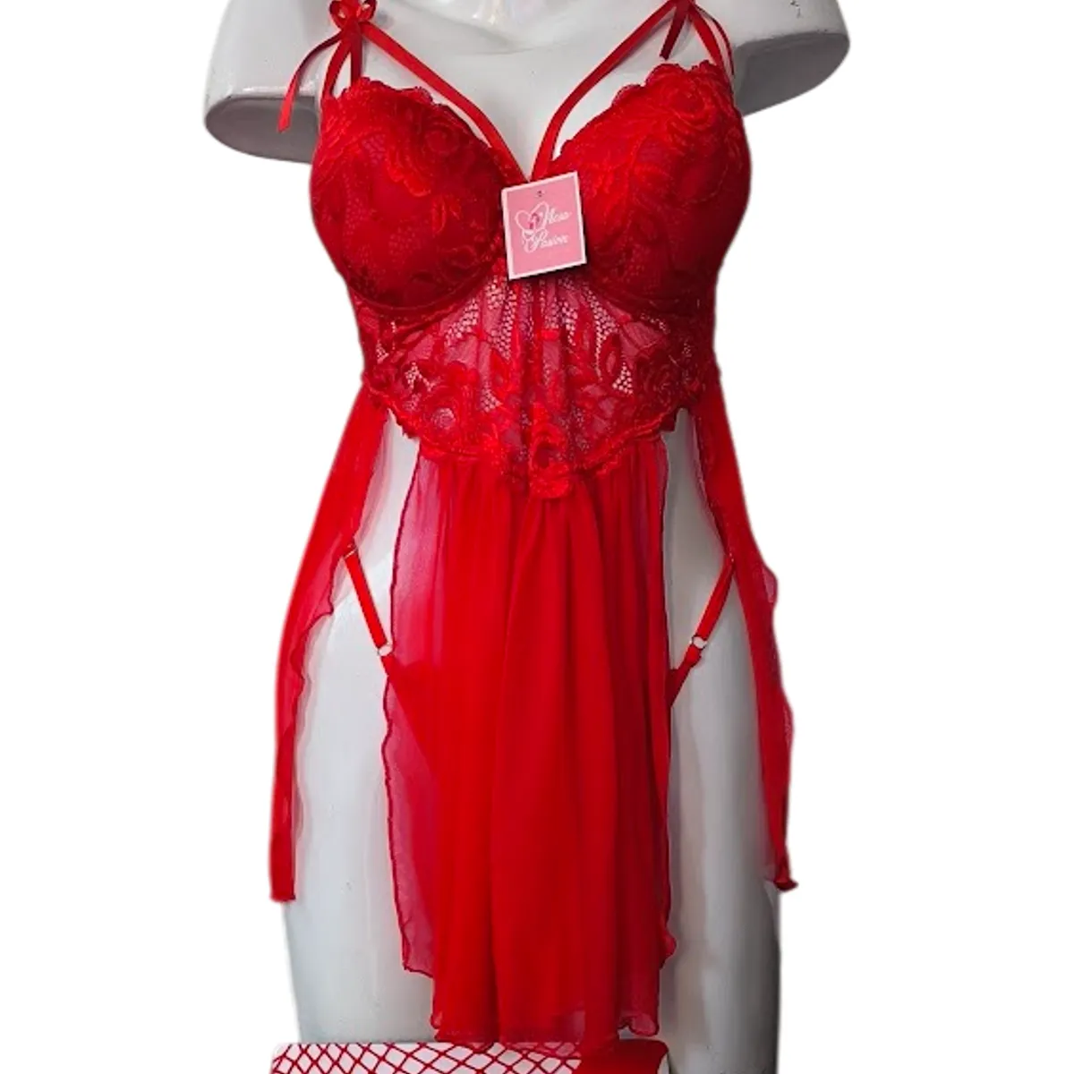 GENERICO - BABYDOLL DE ENCAJE LENCERÍA SEXY CON MEDIAS