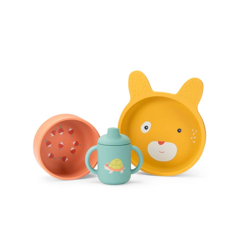 MOULIN ROTY - SET DE VAJILLA DE SILICONA COLECCIÓN TRES CONEJITOS