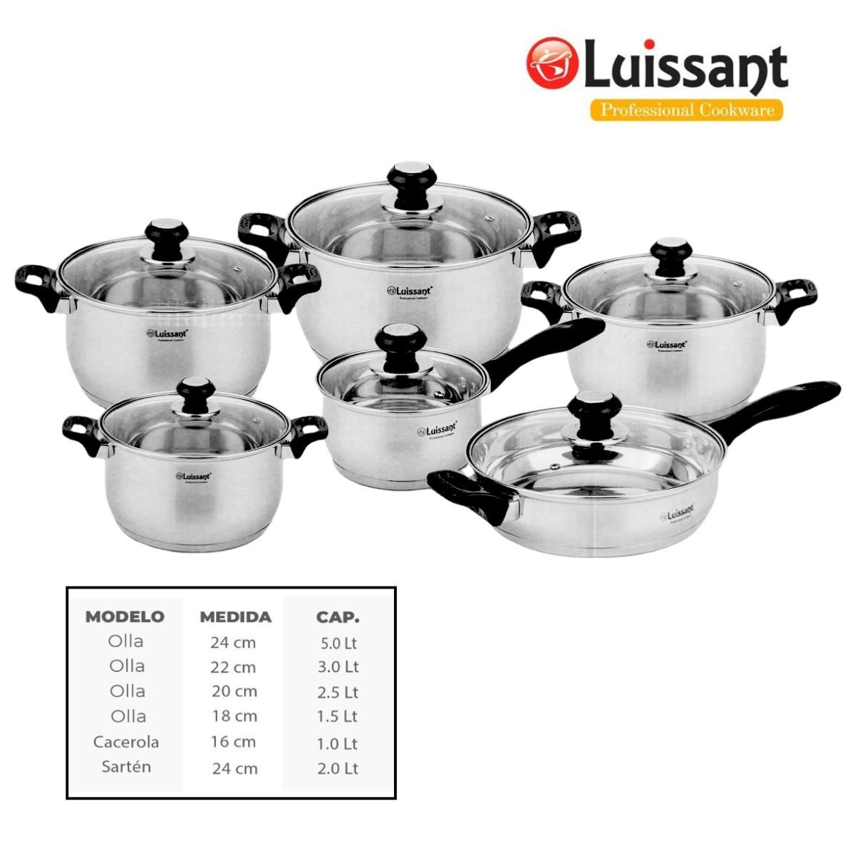 LUISSANT - JUEGO DE OLLAS EN ACERO INOXIDABLE 12 Pzas LUISSANT