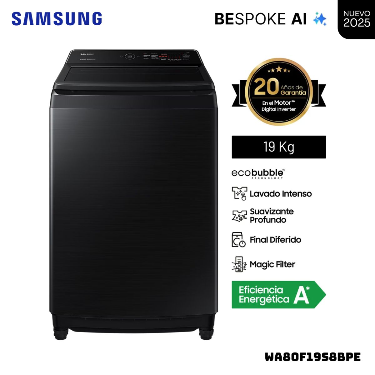 SAMSUNG - LAVADORA SAMSUNG ECOBUBBLE AI 19 KG CARGA SUPERIOR NEGRO - WA80F19S8BPE