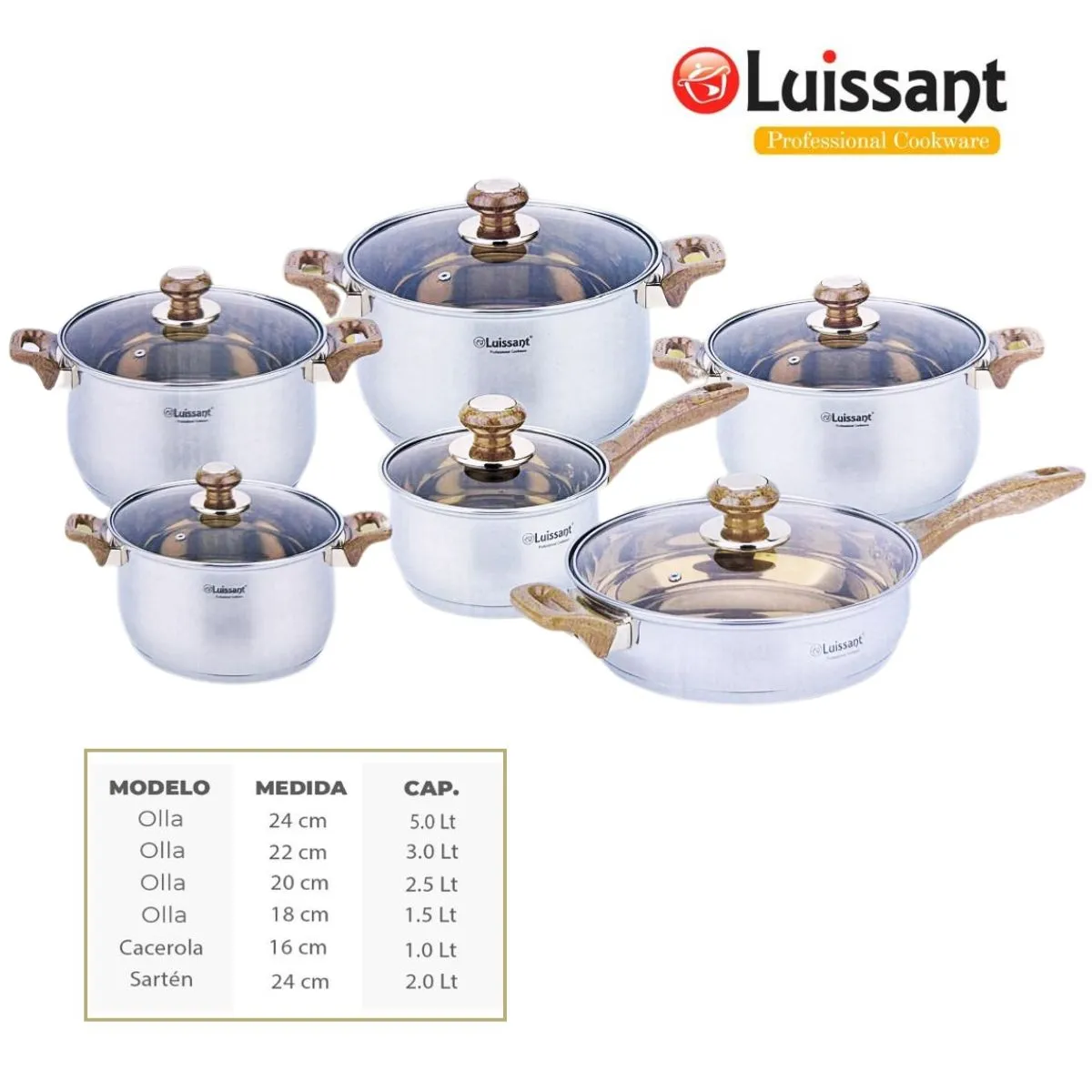 LUISSANT - JUEGO DE OLLAS EN ACERO INOXIDABLE 12 Pzas LUISSANT