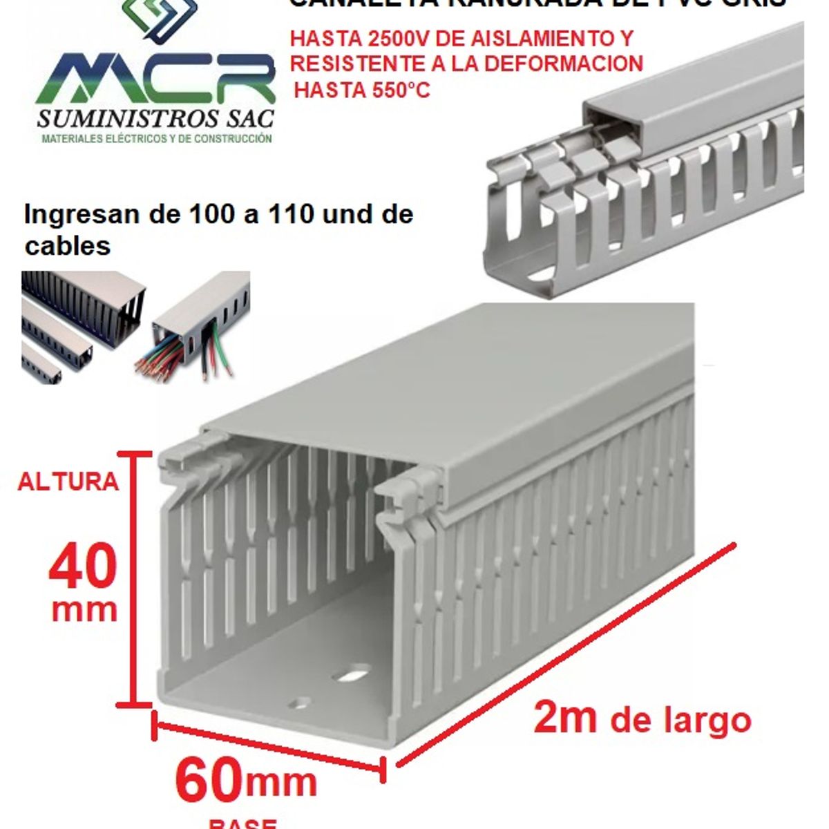 GENERICO - CANALETA DE PVC GRIS PARA CABLES DE 60mm BASE X 40MM ALTURA X 2m LARGO