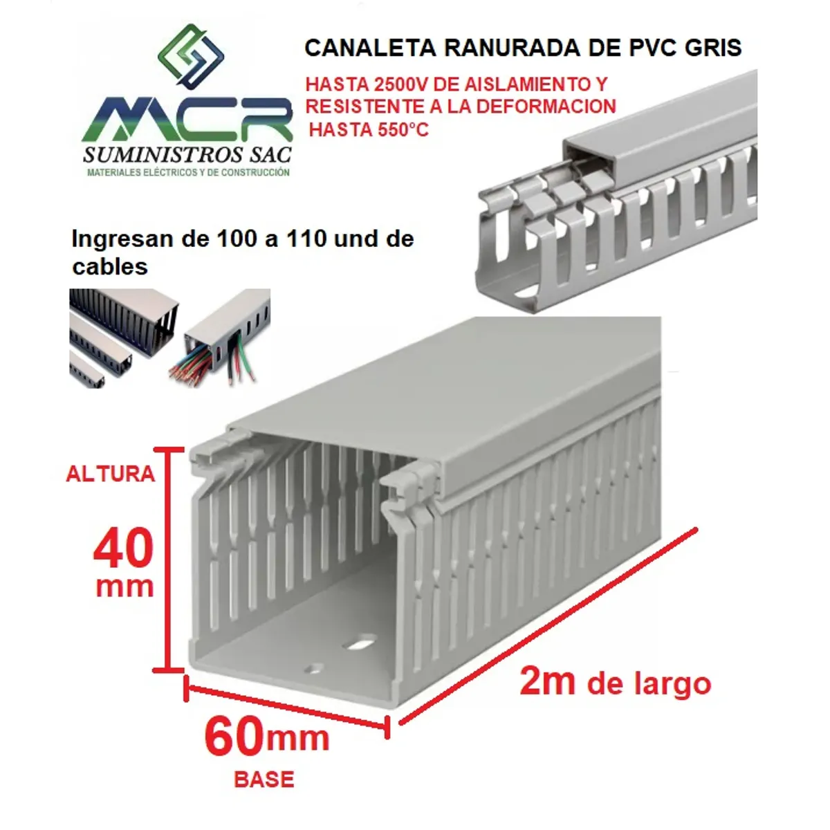 GENERICO - CANALETA DE PVC GRIS PARA CABLES DE 60mm BASE X 40MM ALTURA X 2m LARGO