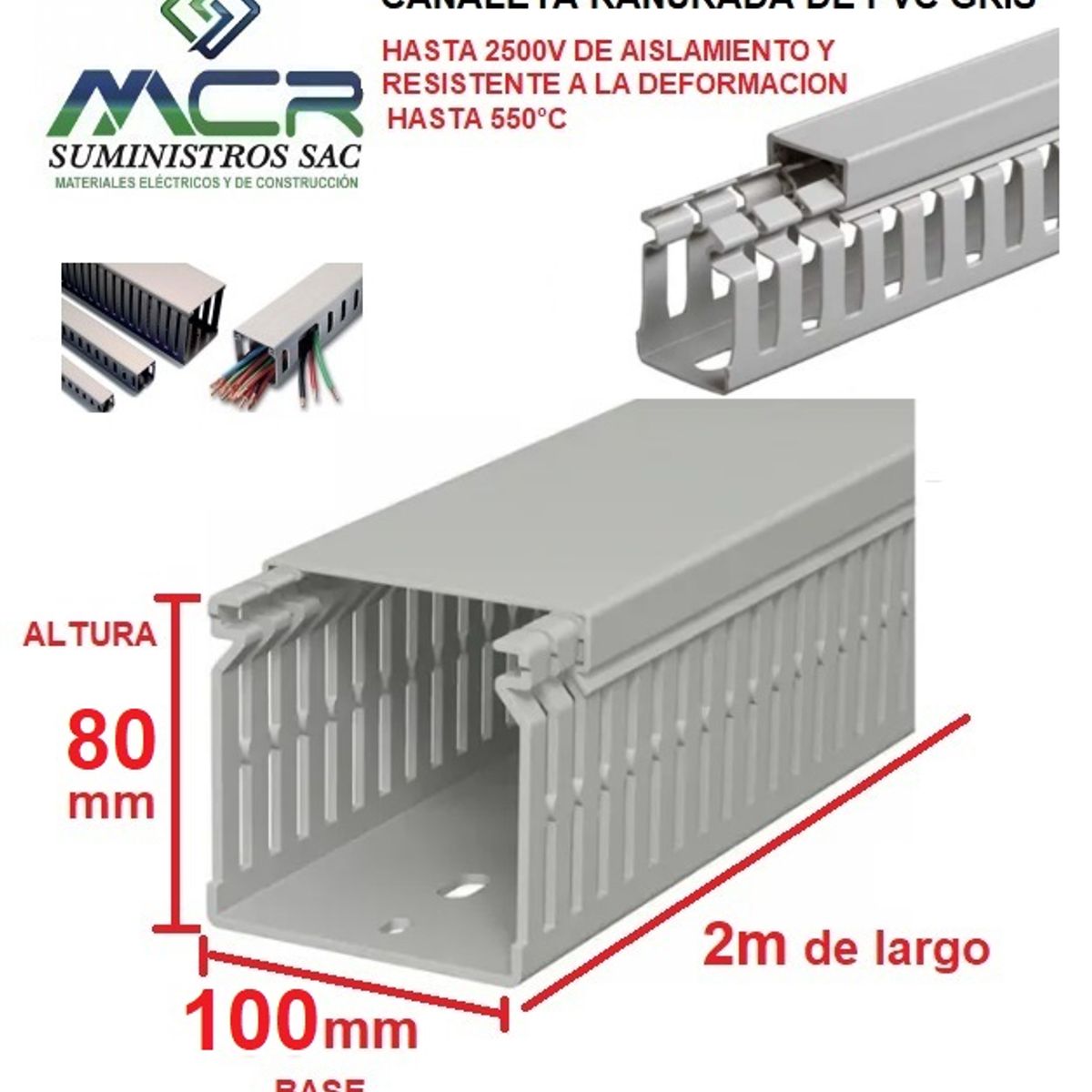 GENERICO - CANALETA DE PVC GRIS PARA CABLES 100mm BASE X 80MM ALTURA X 2m LARGO