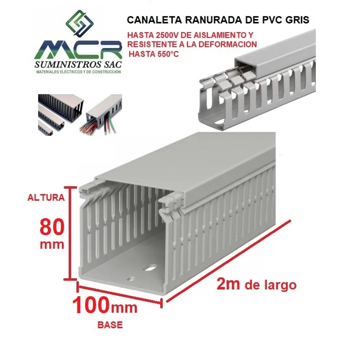 GENERICO - CANALETA DE PVC GRIS PARA CABLES 100mm BASE X 80MM ALTURA X 2m LARGO