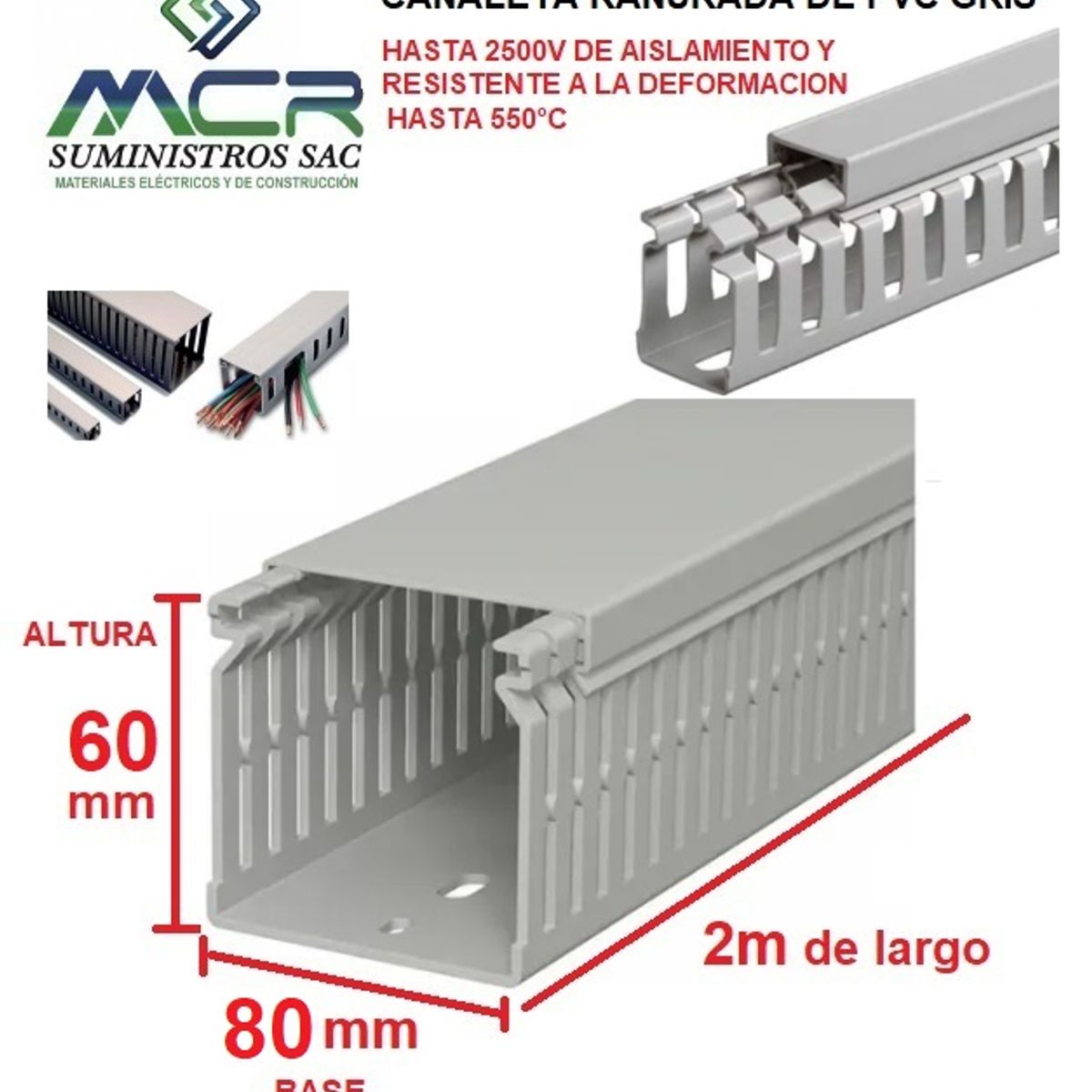 GENERICO - CANALETA DE PVC GRIS PARA CABLES DE 80mm BASE X 60MM ALTURA X 2m LARGO