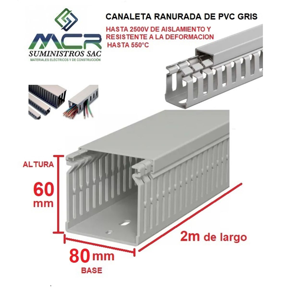 GENERICO - CANALETA DE PVC GRIS PARA CABLES DE 80mm BASE X 60MM ALTURA X 2m LARGO