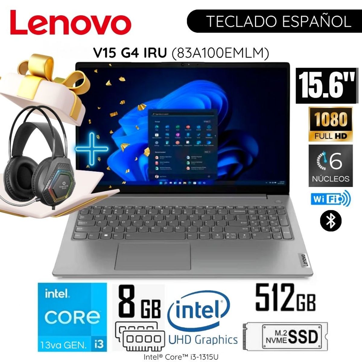 LENOVO - Laptop Lenovo V15 G4 AMN AMD Ryzen 5-7520U 8GB RAM 256GB SSD 156 FHD 82YU00X6LM