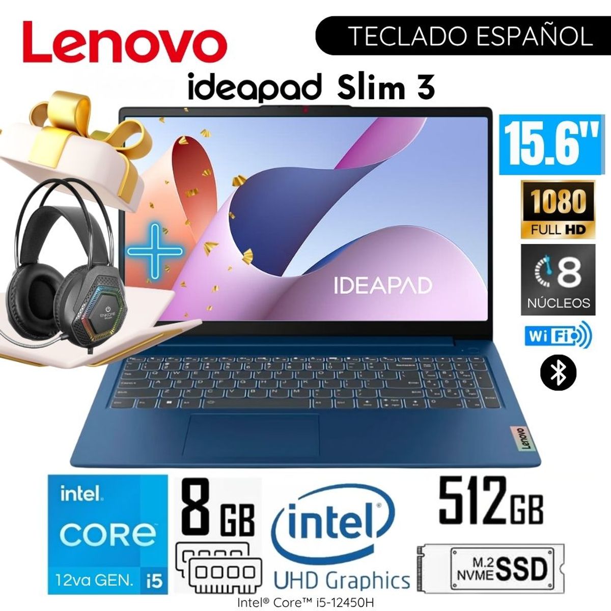LENOVO - Laptop Lenovo Ideapad Slim 3 15IAH8 Intel Core i5-12450H 8GB RAM 512GB SSD 15.6" FHD +Audífono Gamer