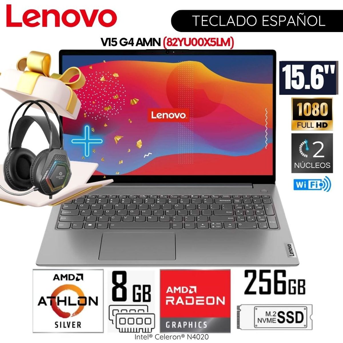 LENOVO - Laptop Lenovo V15 G4 AMN AMD Athlon Silver 7120U 8GB RAM 256GB SSD 15.6"   FHD WIN11+ Audífono Gamer