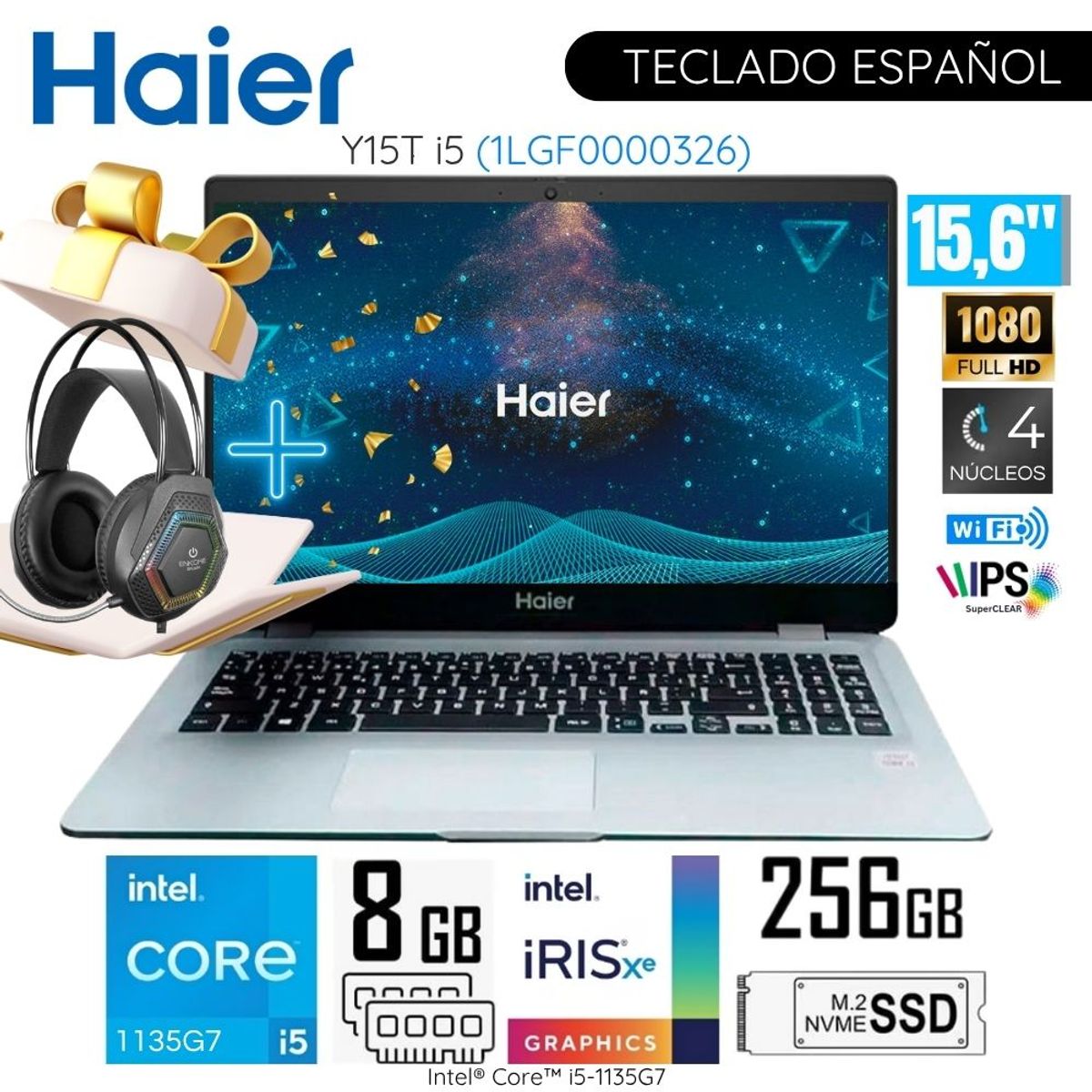 HAIER - Laptop Haier Y15T I5 Intel Corei5-1135G7 8GB RAM  256GB SSD 15.6"   FHD  Intel Iris Xe + Audífono Gamer