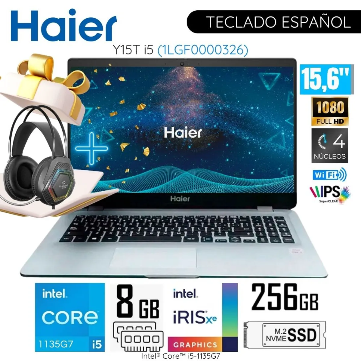 HAIER - Laptop Haier Y15T I5 Intel Corei5-1135G7 8GB RAM  256GB SSD 15.6"   FHD  Intel Iris Xe + Audífono Gamer