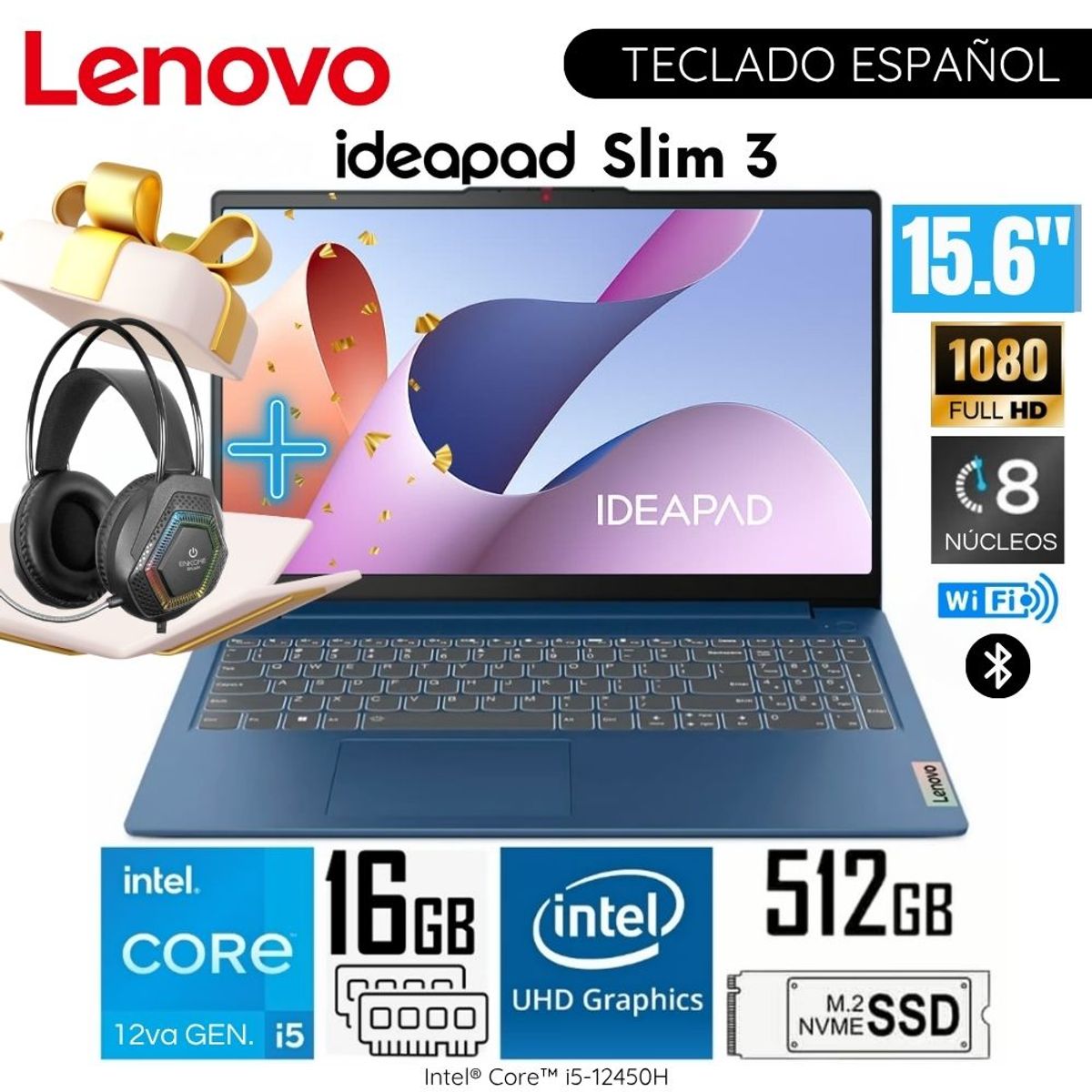 LENOVO - Laptop Lenovo IdeaPad Slim 3 15IAH8 Intel Core i5-12450H 16GB RAM 512GB SSD 15.6” FHD + Audífono