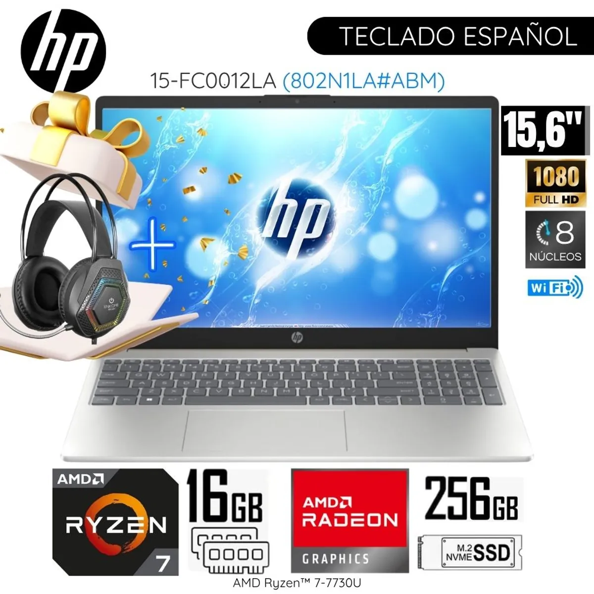 HP - Laptop HP Notebook 15-FC0012LA Ryzen AMD Ryzen™ 7-7730U 16GB RAM 512GB SSD 15.6"  FHD + Audífono