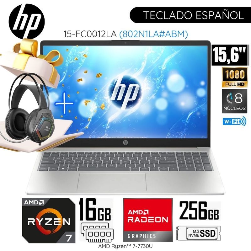 HP - Laptop HP Notebook 15-FC0012LA Ryzen AMD Ryzen™ 7-7730U 16GB RAM 512GB SSD 15.6"  FHD + Audífono