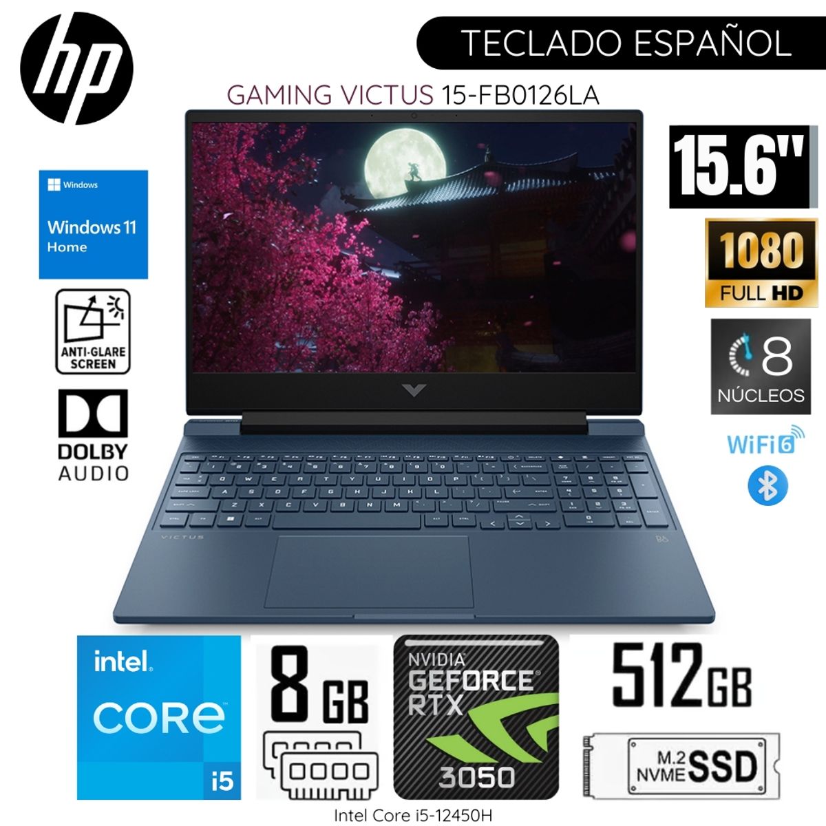HP - Laptop HP Gamer Victus 15-fa0021la Intel Corei5-12450H 8GB RAM 512GB SSD 15.6"  FHD