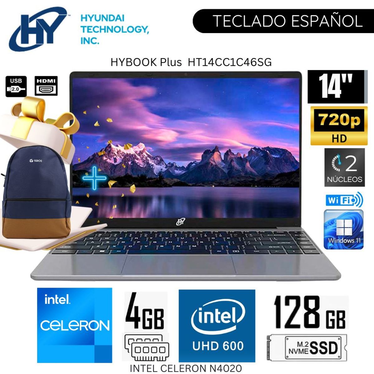 HYUNDAI - Laptop Hyundai Hybook Plus HT14CC1C46SG Intel Celeron N4020 4GB RAM 125GB SSD 14"  HD + Mochila