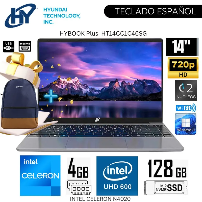 HYUNDAI - Laptop Hyundai Hybook Plus HT14CC1C46SG Intel Celeron N4020 4GB RAM 125GB SSD 14"  HD + Mochila