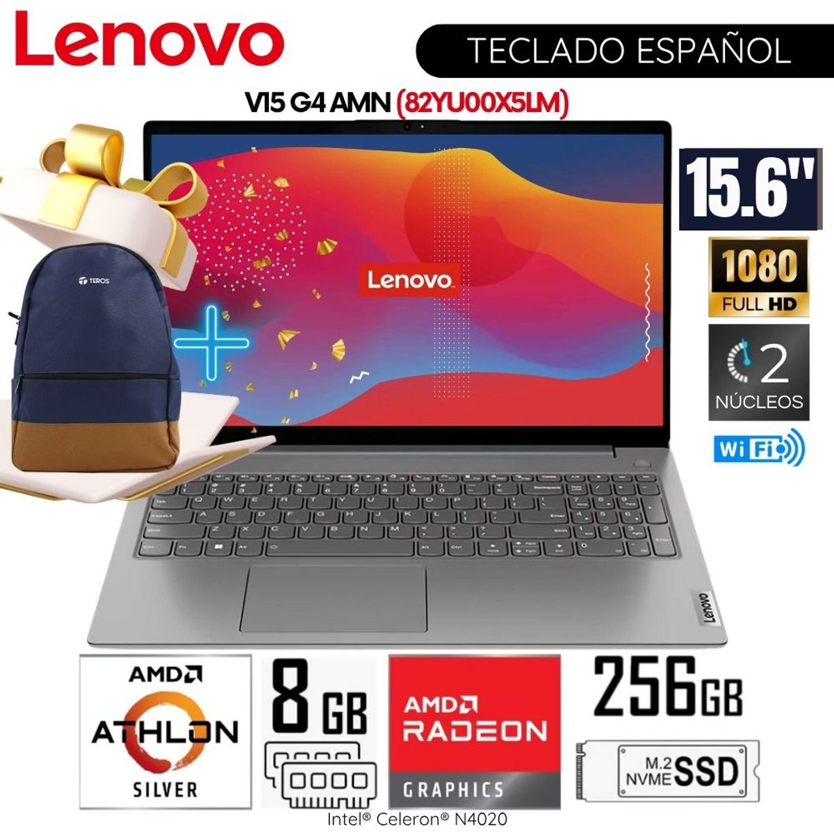 LENOVO - Laptop Lenovo V15 G4 AMN AMD Athlon Silver 7120U 8GB RAM 256GB SSD 15.6"   FHD WIN11+ Mochila