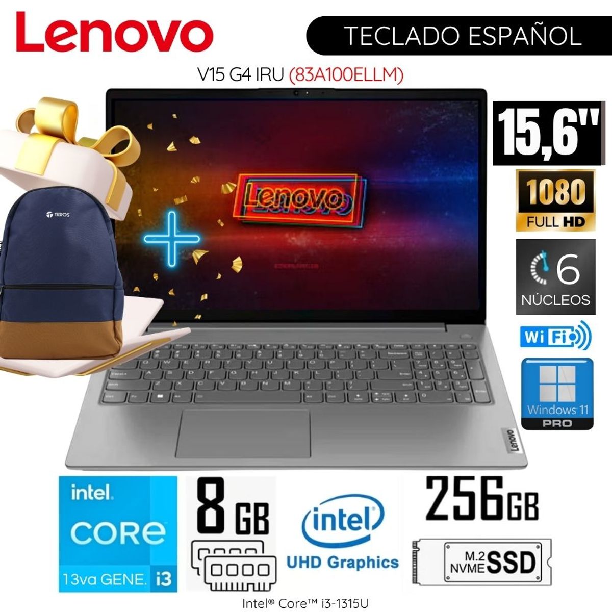 LENOVO - Laptop Lenovo V15 G4 IRU Intel Core i3-1315U 8GB RAM 256GB SSD 15,6  pulg FHD + Mochila