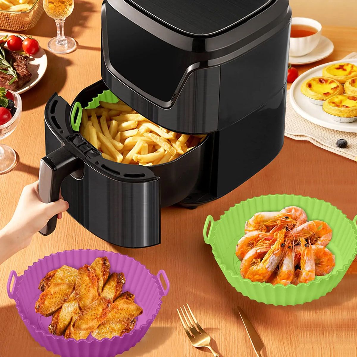 GENERICO - Pack 3 bandejas de silicona para freidora de aire sin aceite - Lila