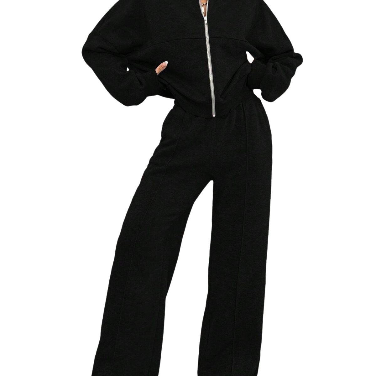 BLWOENS - Chaqueta de manga larga y pantalones largos para mujeres - 2 piezas - Negro