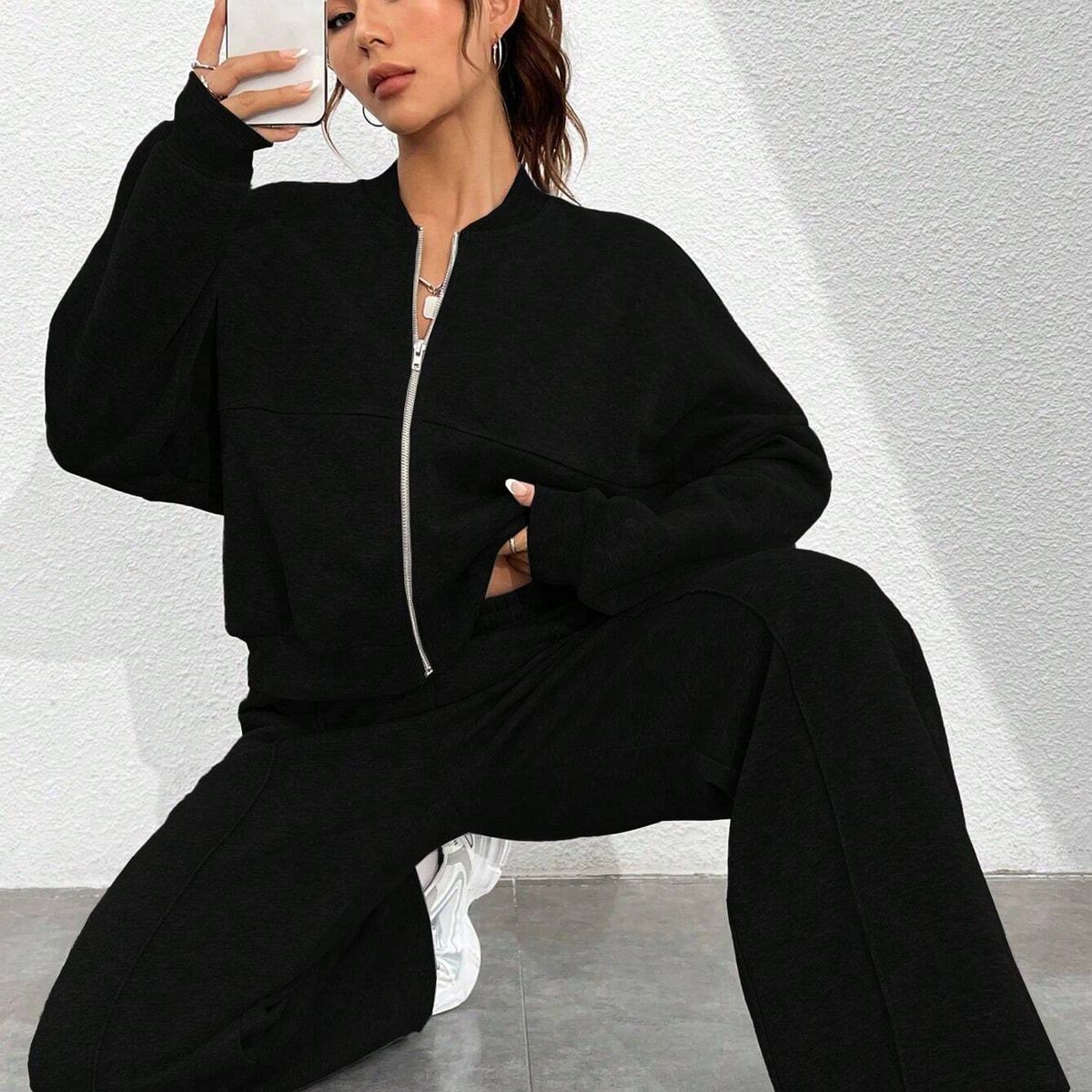 BLWOENS - Chaqueta de manga larga y pantalones largos para mujeres - 2 piezas - Negro