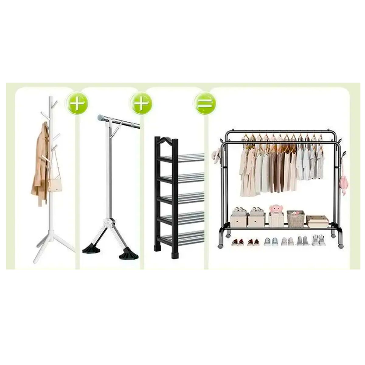 GENERICO - Perchero Doble Colgador Ropa Con Zapatero C Ruedas 68kg Reforzado