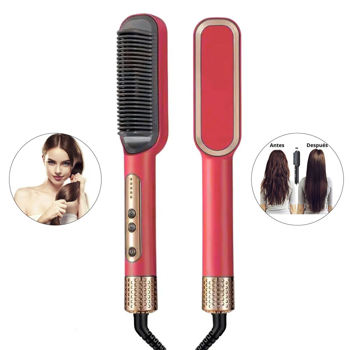 GENERICO - Peine Cepillo Alisador Eléctrico Multifuncional 5Niv Temperatura- Rojo