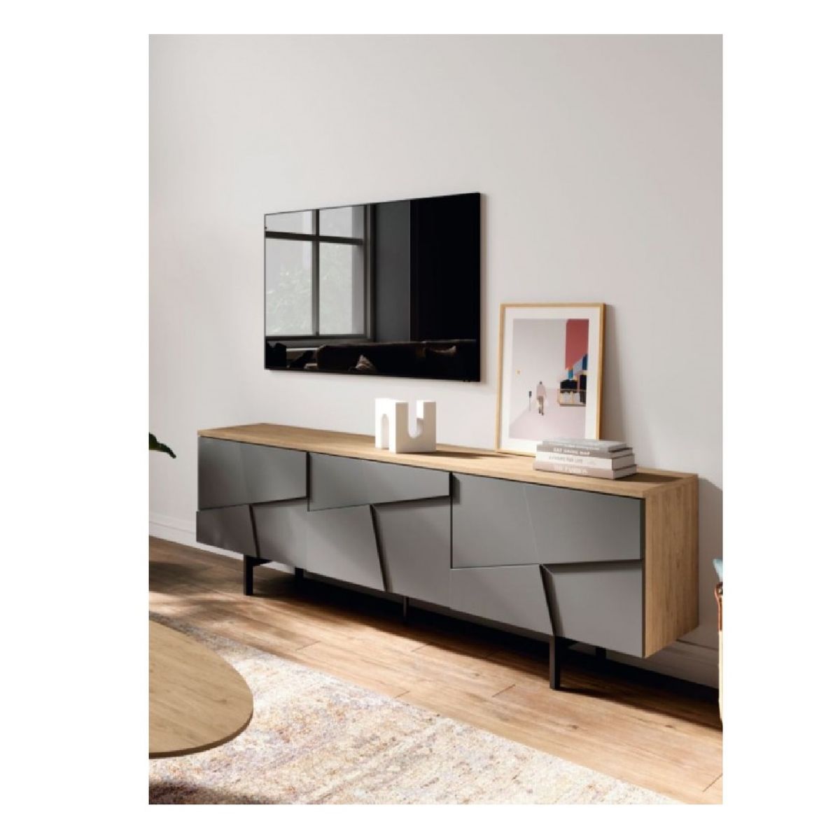 TU MESITA - Mesa TV Tridimensional Ogost 55" DunaGris 3 puertas TU MESITA