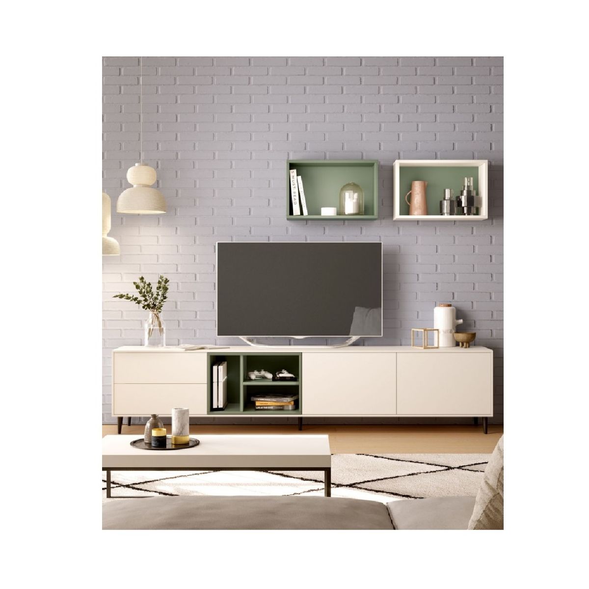 TU MESITA - Mesa de TV Moderna Stone 65 BlancoGris 2 puertas 2 cajones TU MESITA