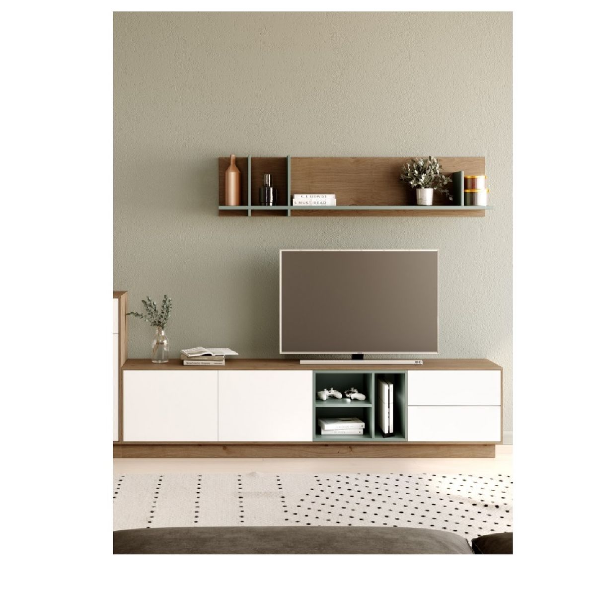 TU MESITA - Mesa TV Normand 60" Marrón/Blanco/Agave 2 cajones 2 puertas TU MESITA