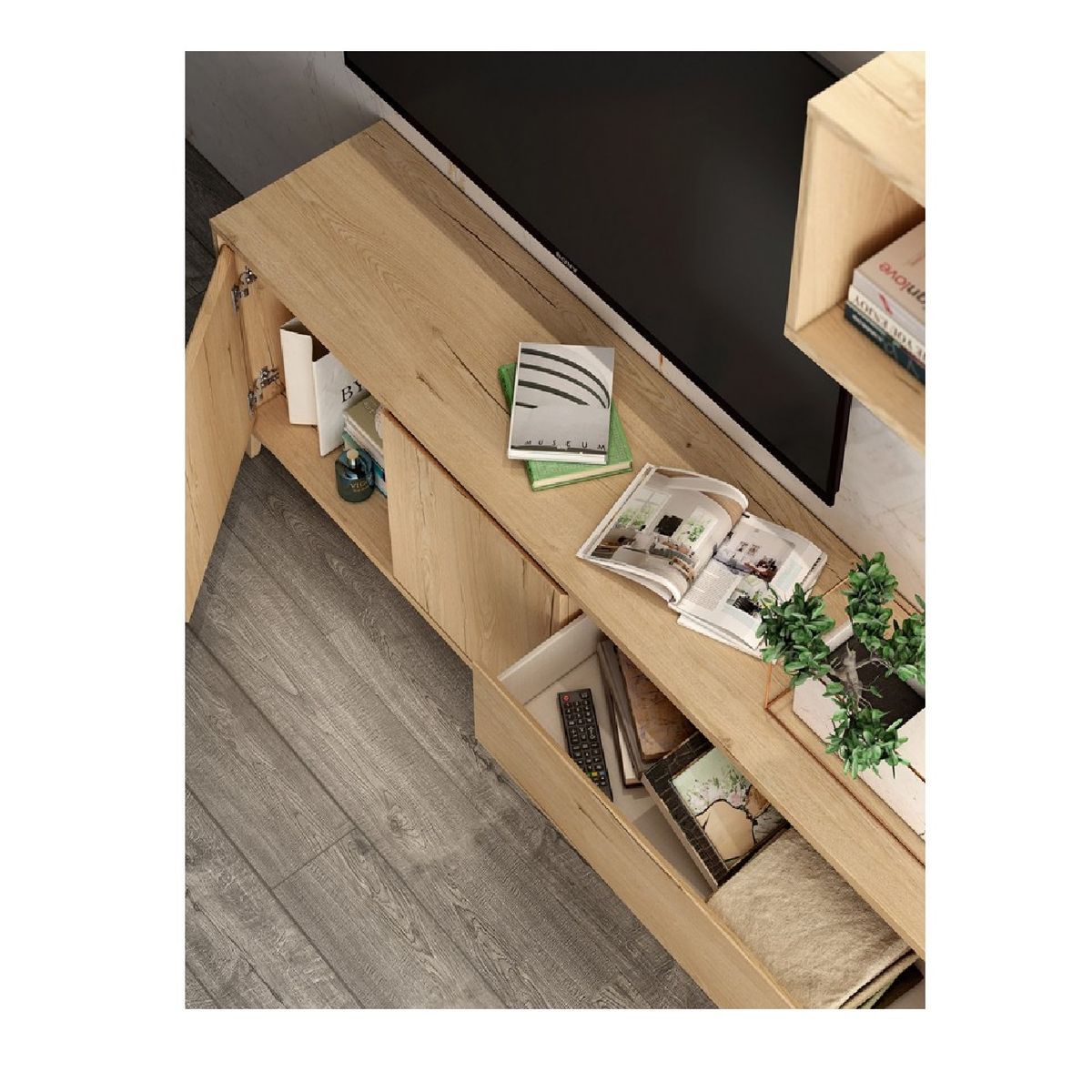 TU MESITA - Mesa Clásica TV Lisboa 65 color Roble 2 puertas 2 cajones TU MESITA