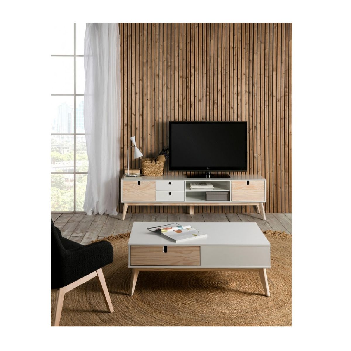 TU MESITA - Mesa TV Nórdica Benjamin 65" BlancoDuna 2 cajones 2 puertas TU MESITA