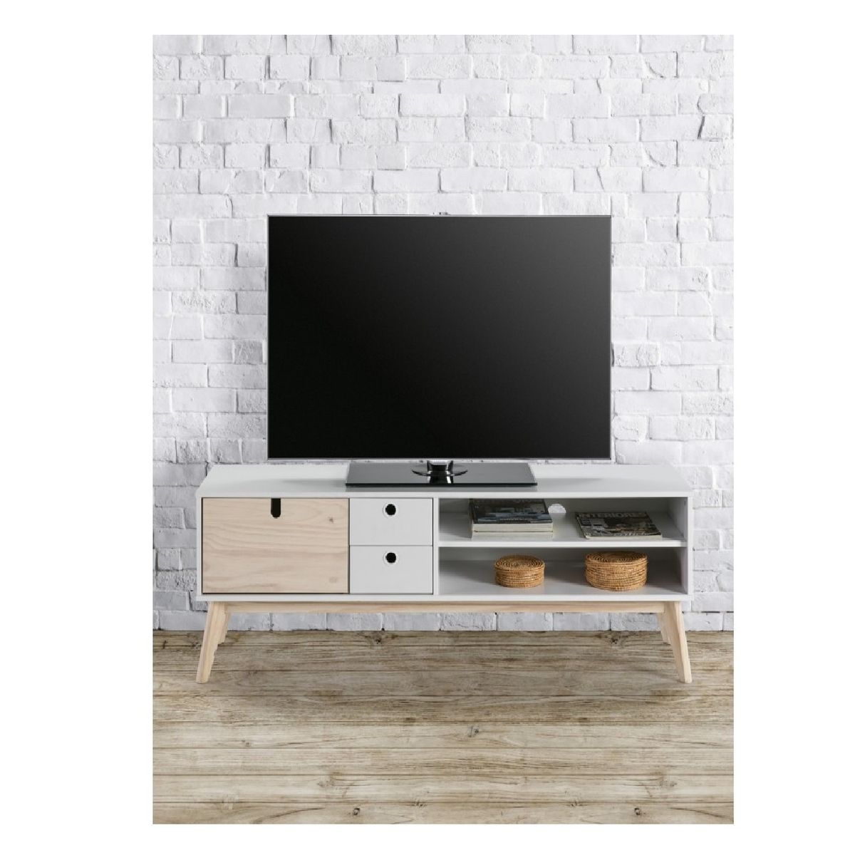 TU MESITA - Mesa TV Multiusos Parker color Blanco/Duna 50" 2 cajones 1 puerta TU MESITA